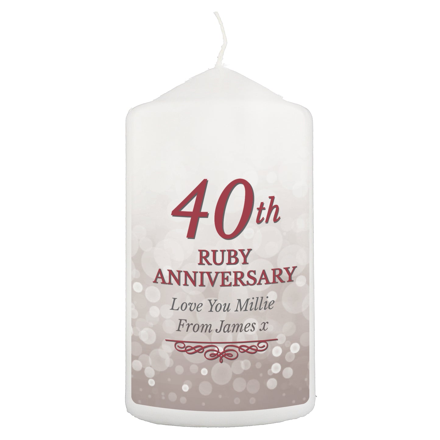 White candle with red text celebrating a 40th Ruby Anniversary on a white background