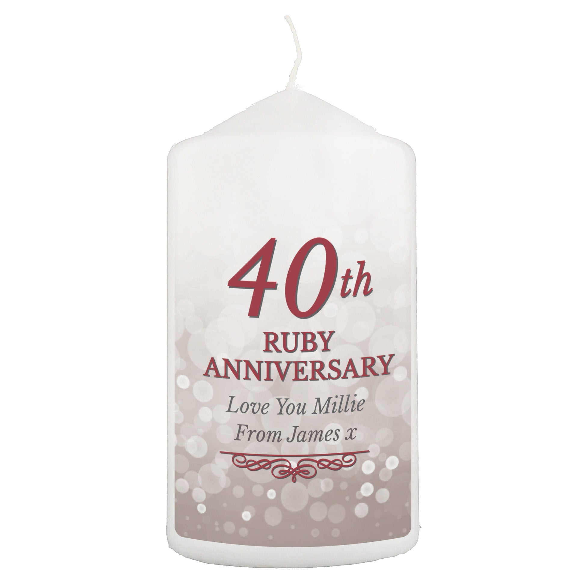 White candle with red text celebrating a 40th Ruby Anniversary on a white background