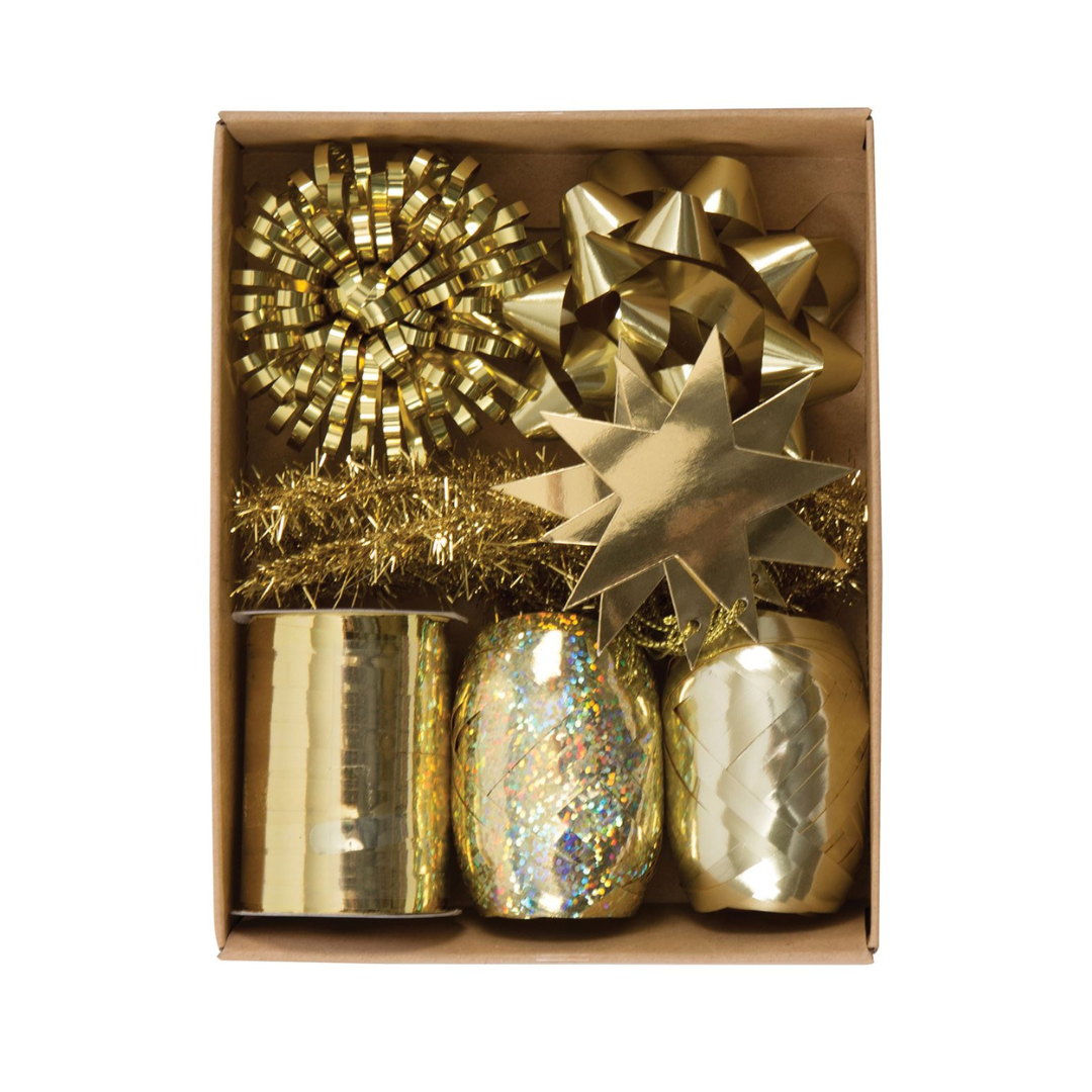 Kraft box with gold gift wrap accessories