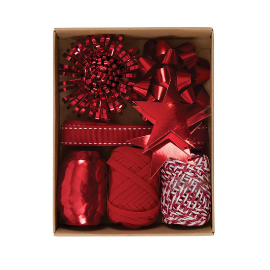 Kraft box with red curling ribbons, tags and bows