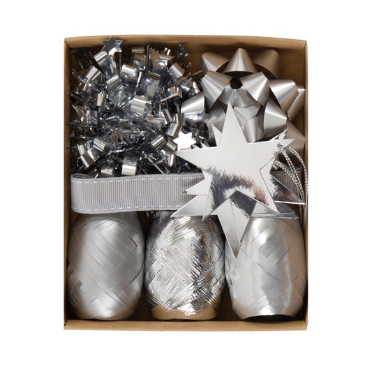 Kraft box with silver giftwrap accessories