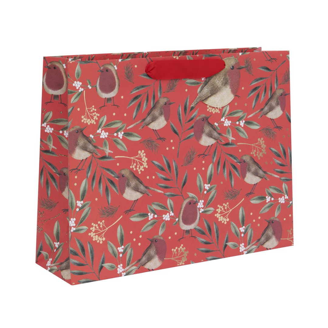 Large landscape gift bag red with robins, foliage and gold foil berries