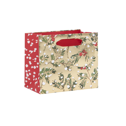 Gold Mini Bag with red handles and foliage design