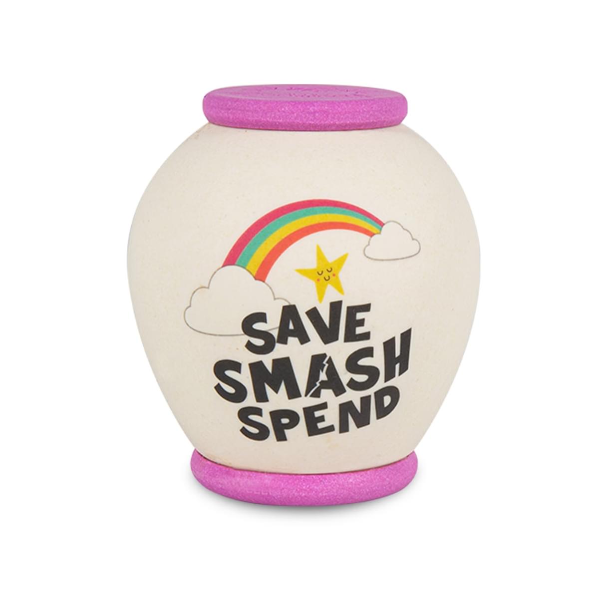 Create Your Own name Smash pot showing reverse with SAVE SMASH SPEND and image of rainbow and star. Ivory coloured with pink top and base.