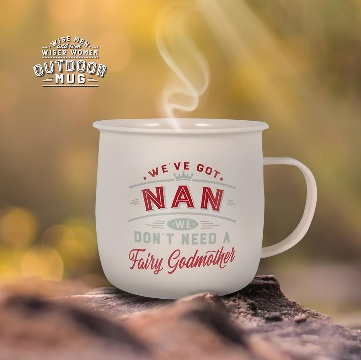 Outdoor Mug shown outdoors with steam rising from it.