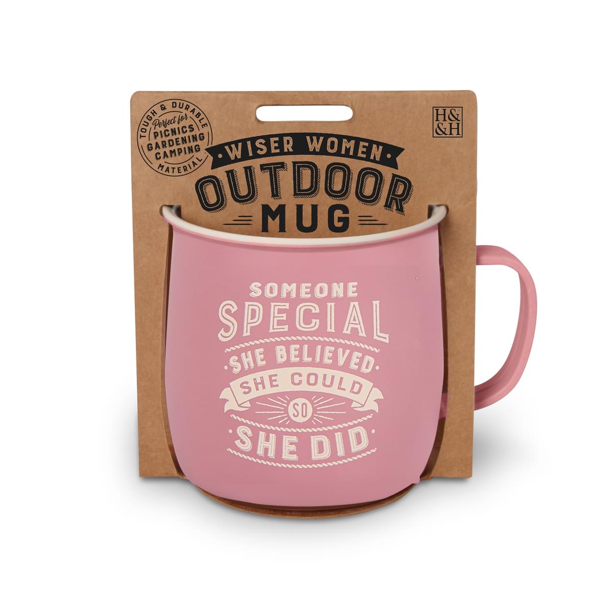 Outdoor Mug in pink melamine with ivory text reading - Someone Special She believed She Could So She Did.