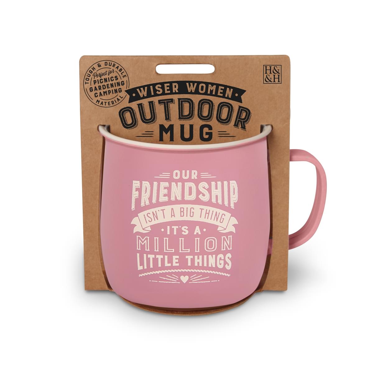 Outdoor Mug in pink melamine with ivory text reading - Our Friendship Isn't A Big thing It's A Million Little Things.