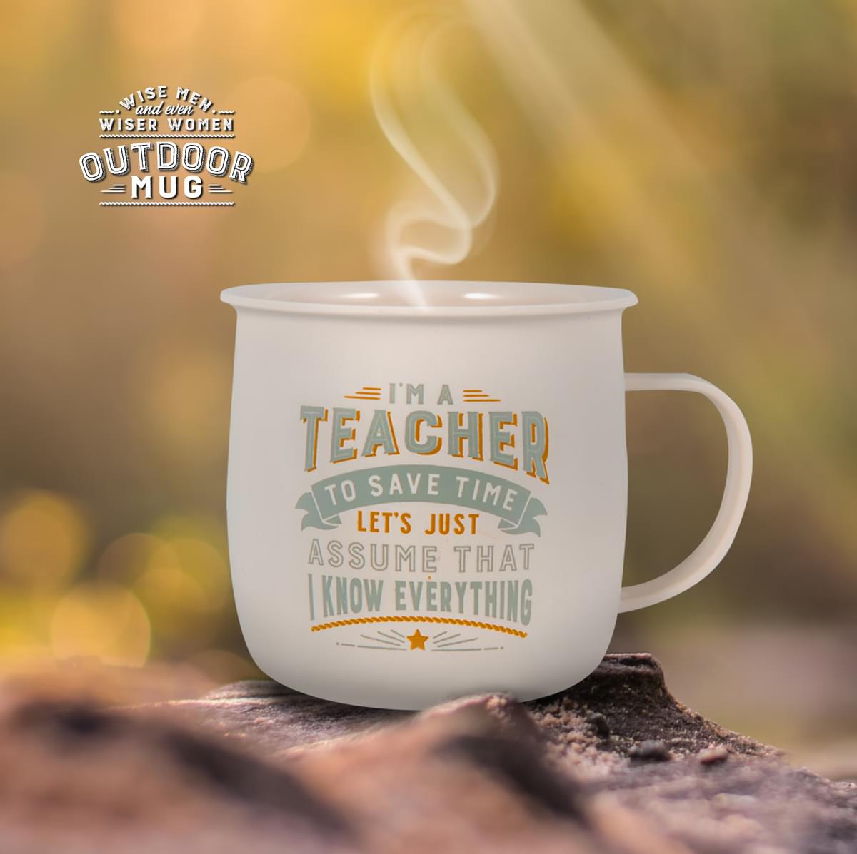 Outdoor Mug shown outdoors with steam rising from it.