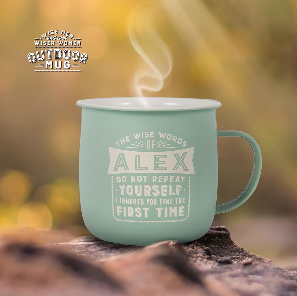 Outdoor Alex Mug shown outdoors with steam rising from it.