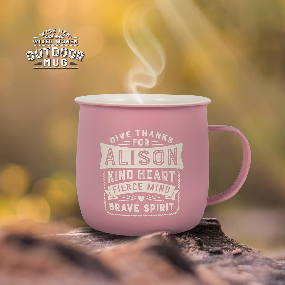 Outdoor Alison Mug shown outdoors with steam rising from it.