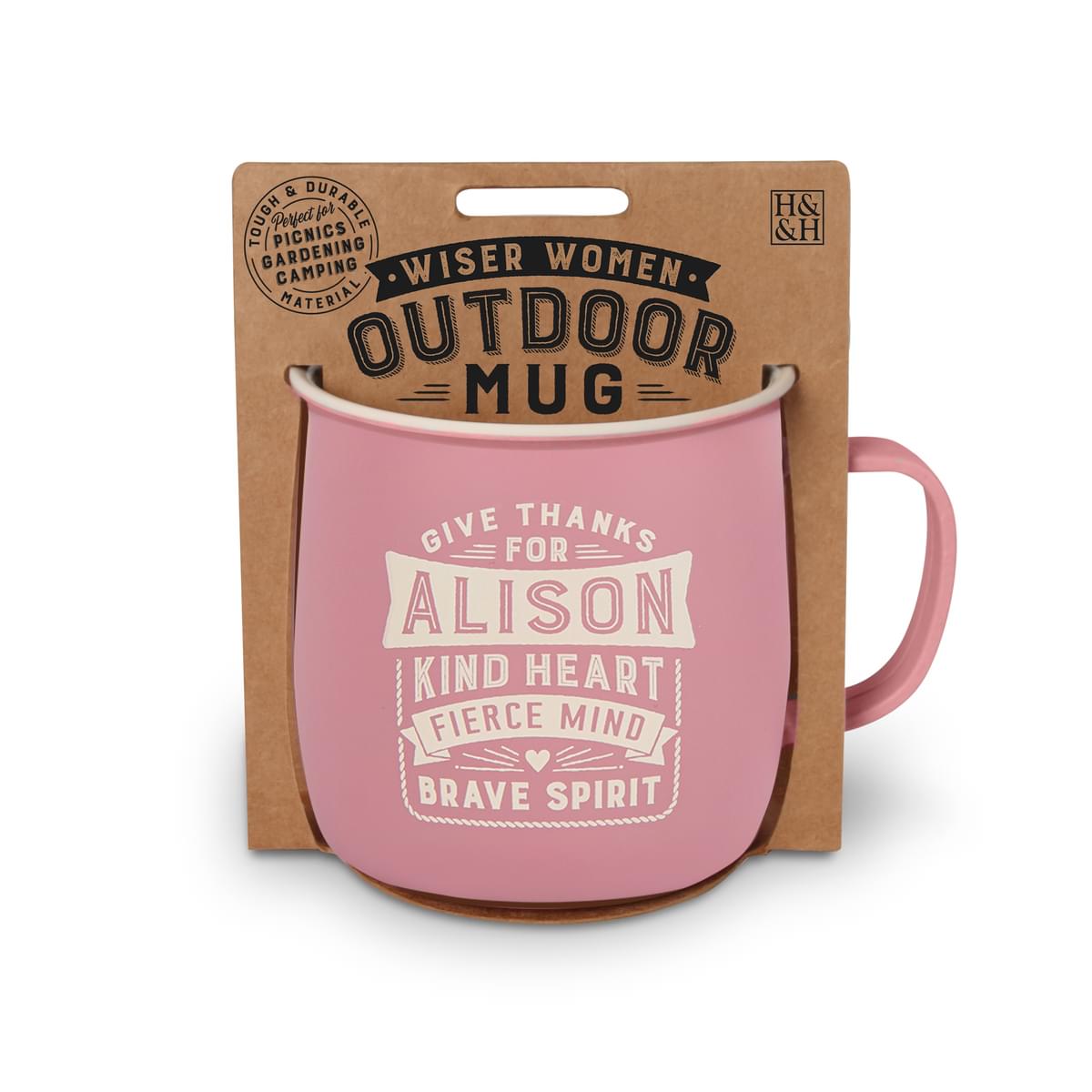 Outdoor Mug in pink melamine with ivory text reading - Give Thanks For Alison Kind Heart Fierce Mind Brave Spirit.