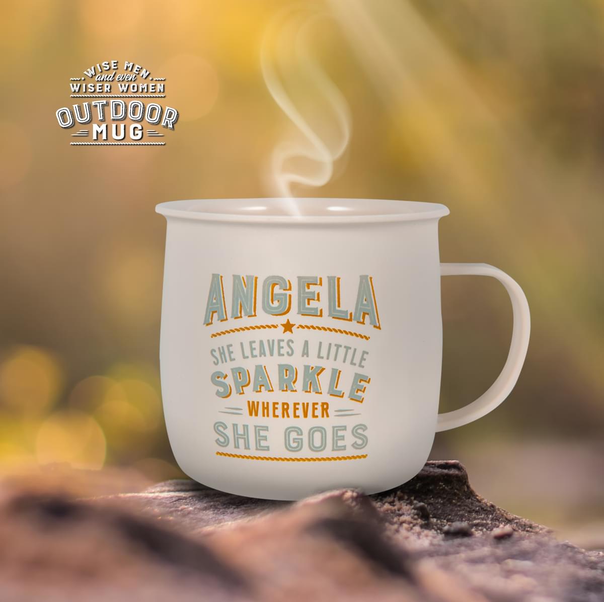 Outdoor Angela Mug shown outdoors with steam rising from it.