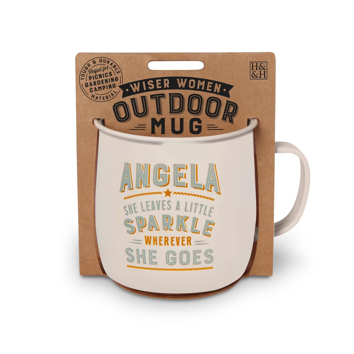 Outdoor Mug in ivory melamine with muted turquoise and orange text reading - Angela She Leaves A Little sparkle Wherever She Goes.