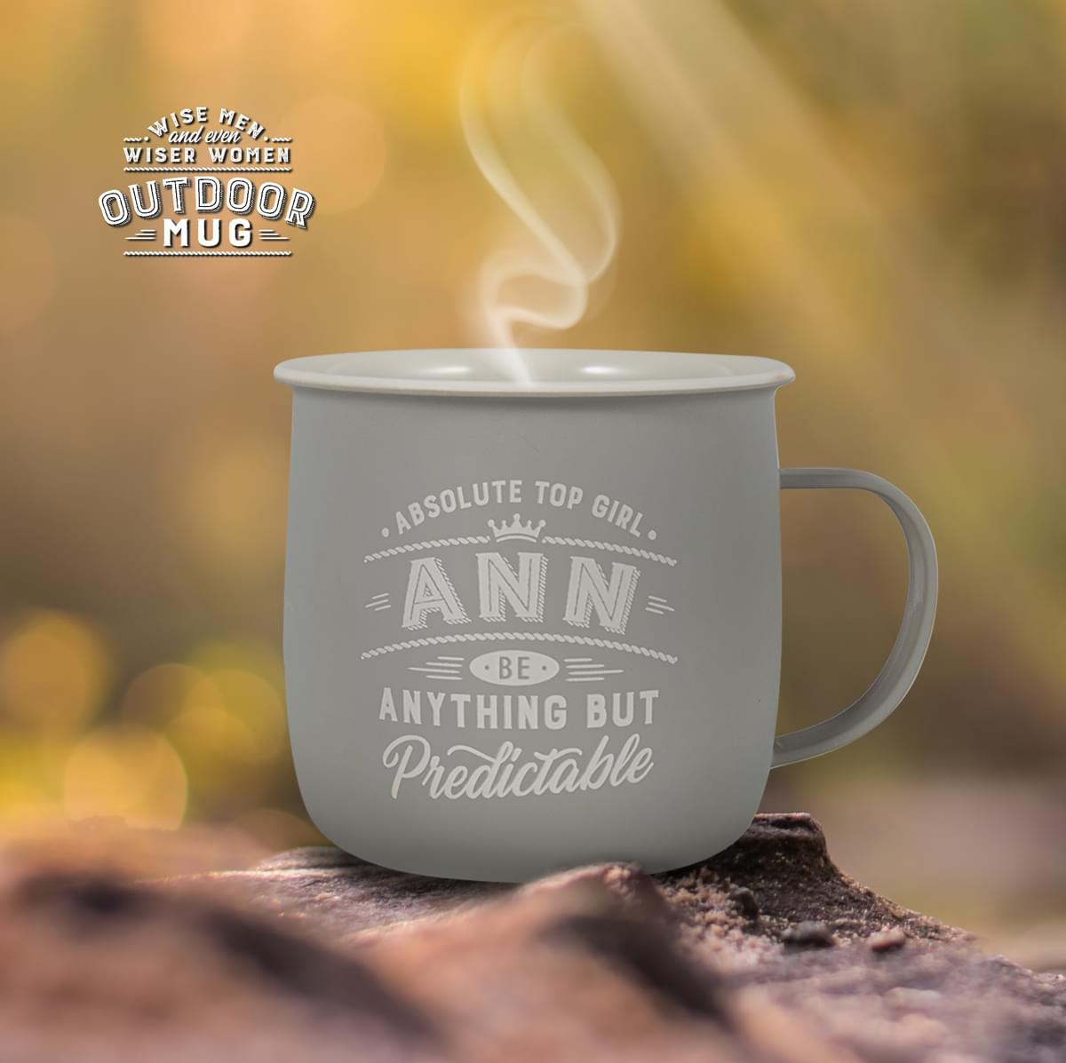 Outdoor Ann Mug shown outdoors with steam rising from it.