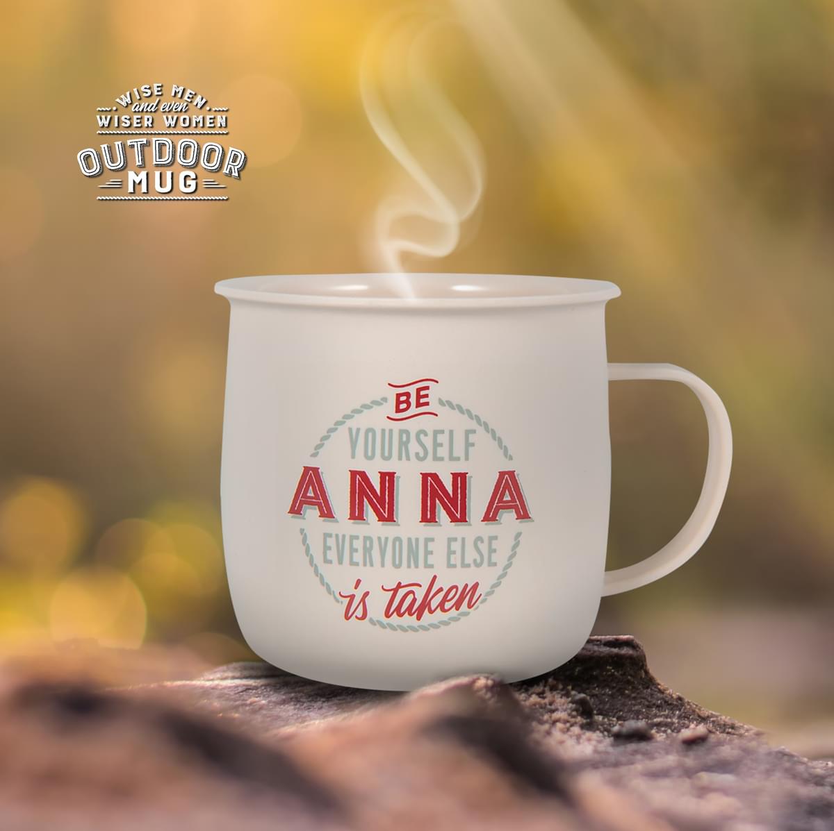 Outdoor Anna Mug shown outdoors with steam rising from it.