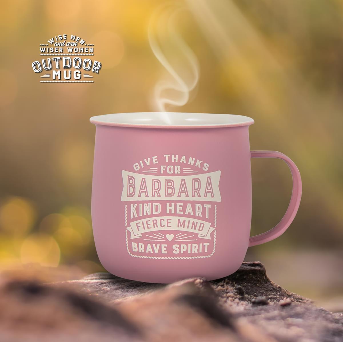 Outdoor Barbara Mug shown outdoors with steam rising from it.