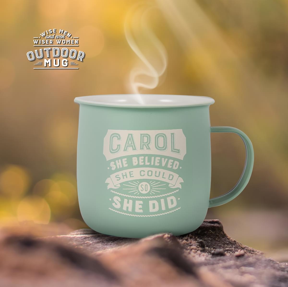 Outdoor Carol Mug shown outdoors with steam rising from it.