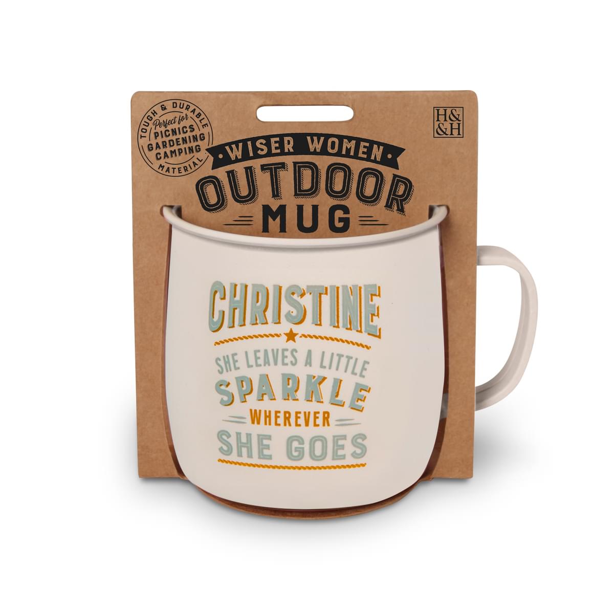 Outdoor mug in ivory melamine with grey and orange text reading - Christine She Leaves a Little Sparkle Wherever She Goes.