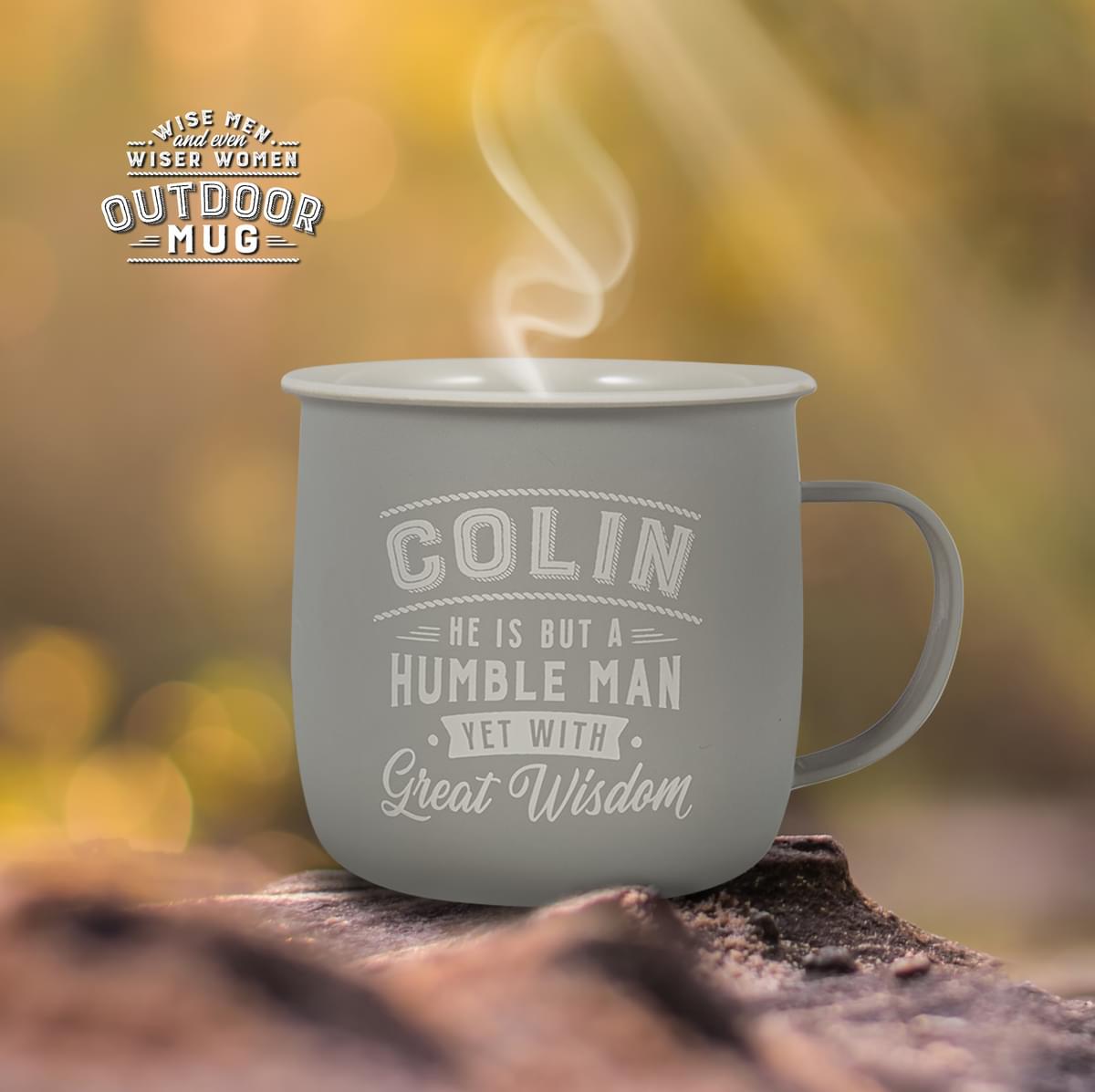 Outdoor Colin Mug shown outdoors with steam rising from it.