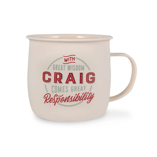 Outdoor Mug in ivory melamine with red and grey text reading - With Great Wisdom Craig Comes Great Responsibility.