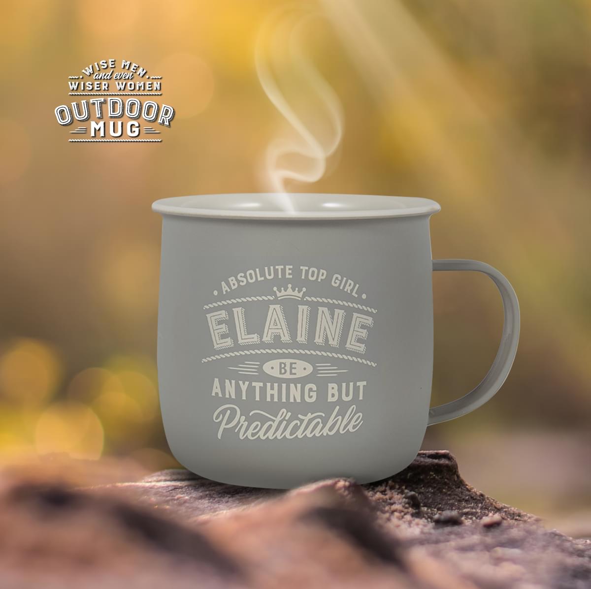 Outdoor Elaine Mug shown outdoors with steam rising from it.