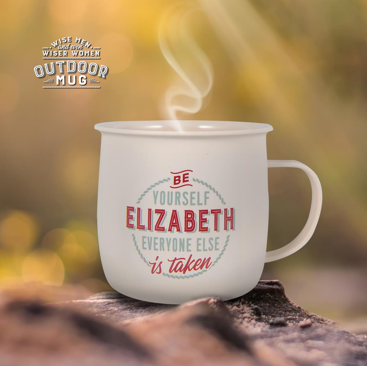 Outdoor Elizabeth Mug shown outdoors with steam rising from it.