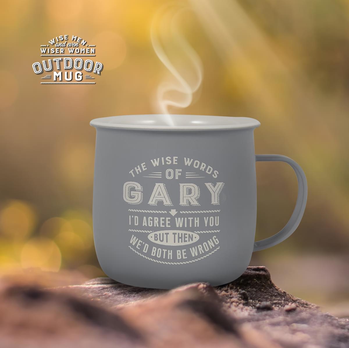 Outdoor Gary Mug shown outdoors with steam rising from it.