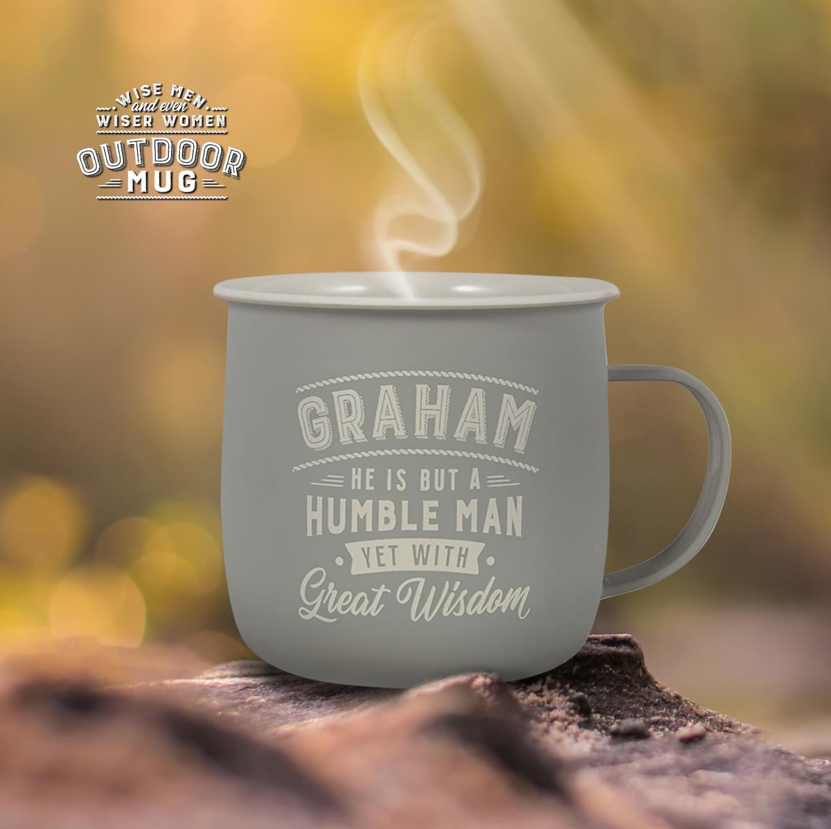 Outdoor Graham Mug shown outdoors with steam rising from it.