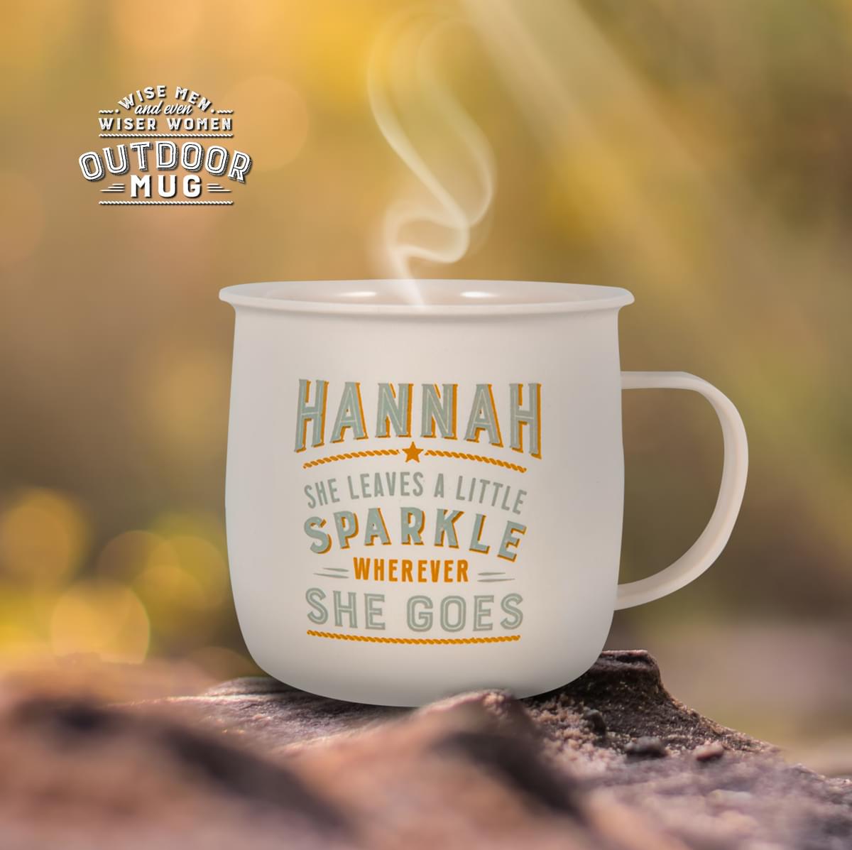 Outdoor Hannah Mug shown outdoors with steam rising from it.