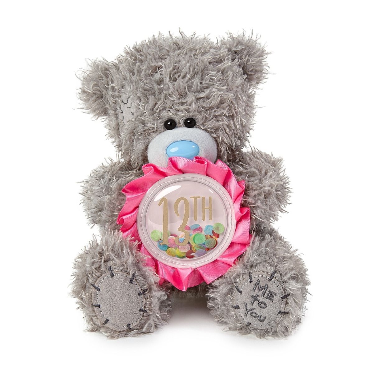 Me To You Bear shown face on holding pink 13th rosette.