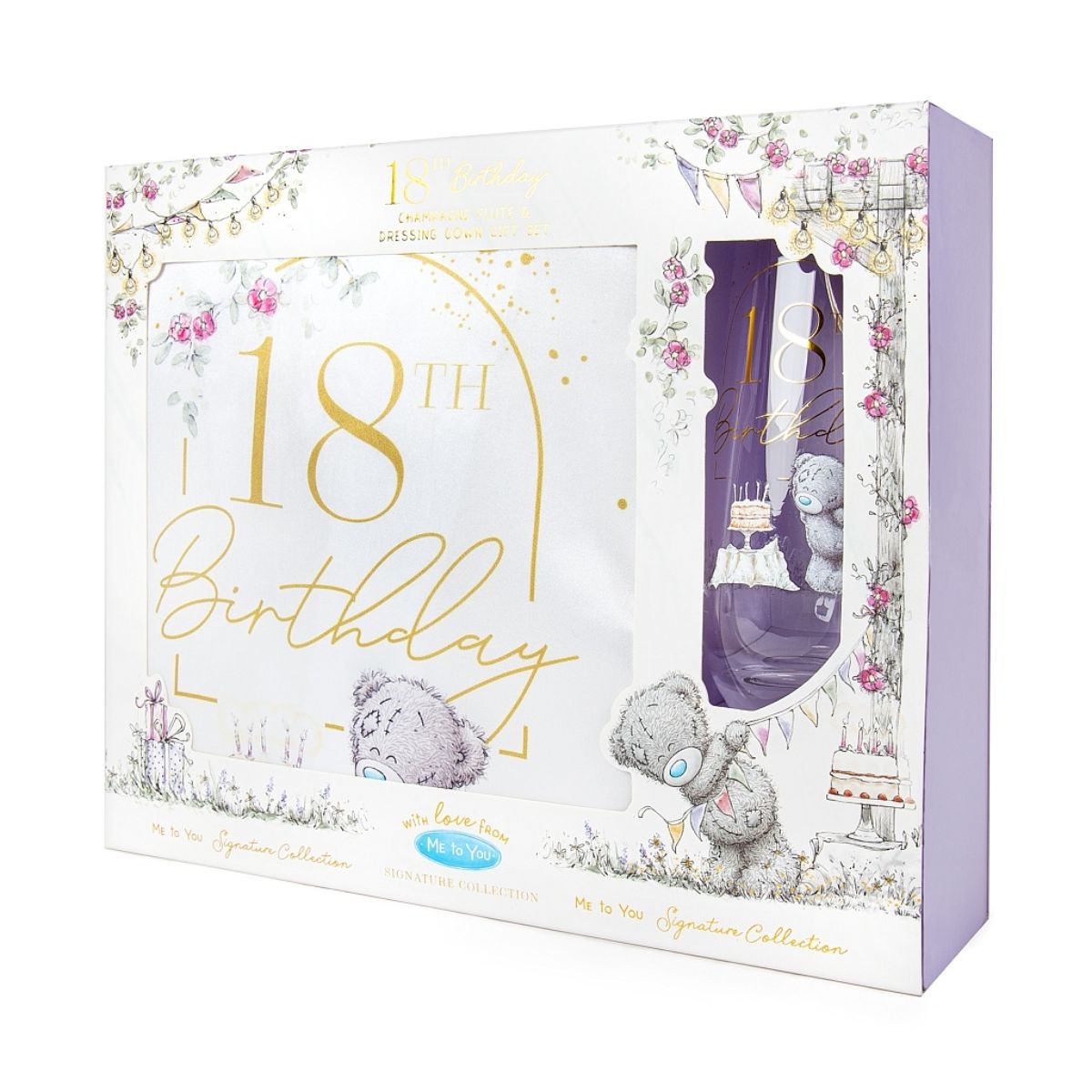 Me To You Signature Collection 18th Birthday Dressing Gown & Champagne Flute Set shown in pretty packaging.