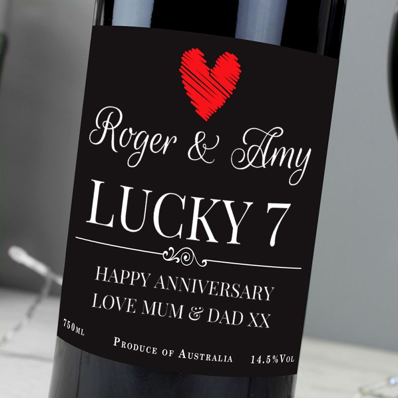 Personalised red wine bottle with Roger & Amy Lucky 7 Happy Anniversary Love Mum & Dad XX