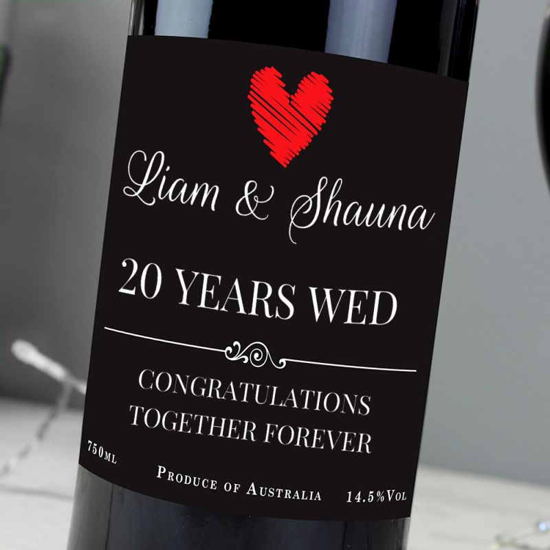 Wine bottle with a personalised label for Liam and Shauna celebrating 20 years together.