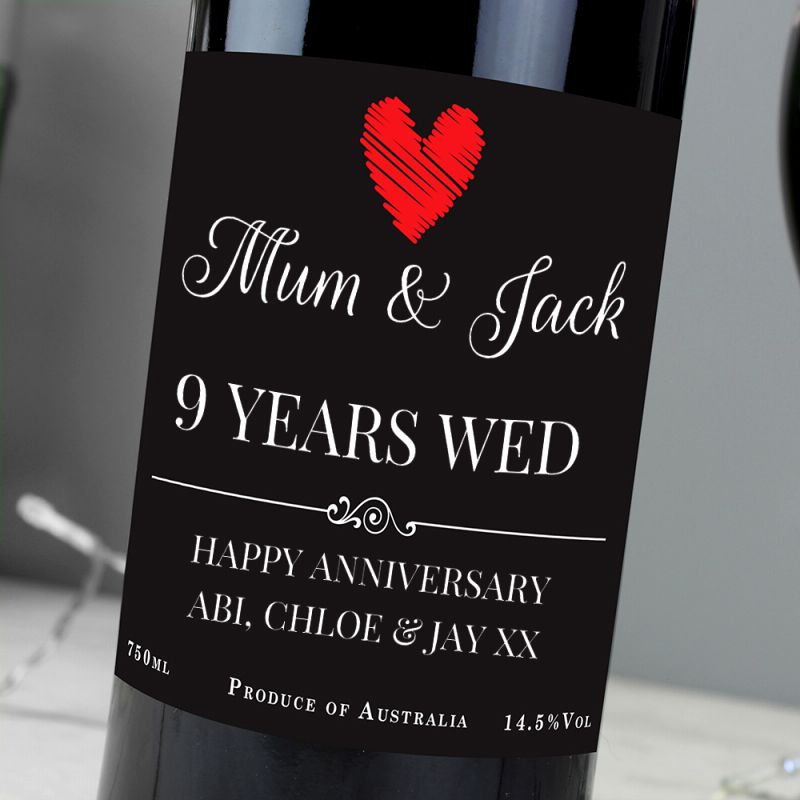 Wine bottle personalised with Mum & Jack 9 Years Wed Happy Anniversary Abi, Chloe & Jay xx