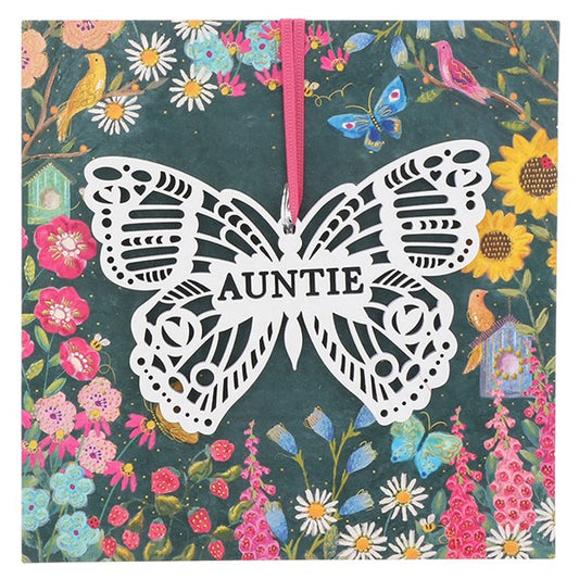 White wooden lace effect butterfly shaped hanging plaque with pink ribbon and illustrated display card