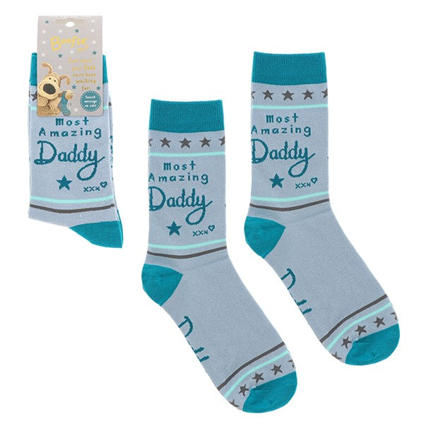 Blue & Grey socks with star print and daddy text