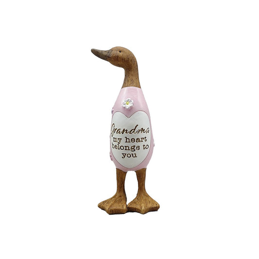 Pink wooden duck ornament with grandma heart design and flowers