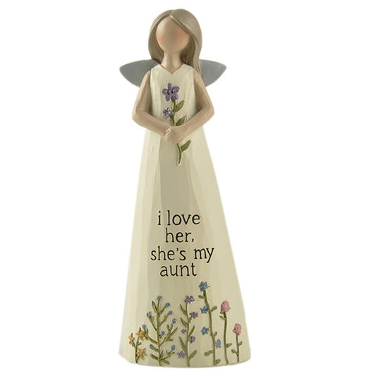 Feather & Grace ceramic angel for Aunt in ivory with silver grey wings. Holding a single lilac flower and with text reading - I love her, she's my aunt.
