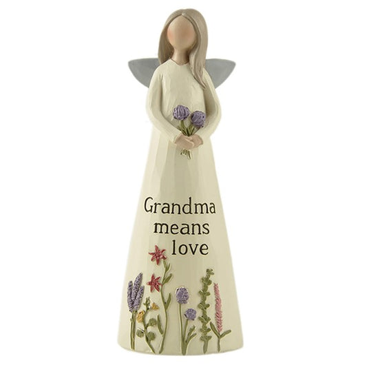 Feather & Grace ceramic angel for Grandma in ivory with silver grey wings. Holding two lilac flowers and with text reading Grandma means love.