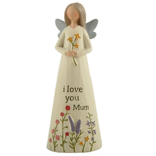 Feather & Grace ceramic angel in ivory with silver grey wings. Holding spray of flowers . Text  reads - I love you Mum