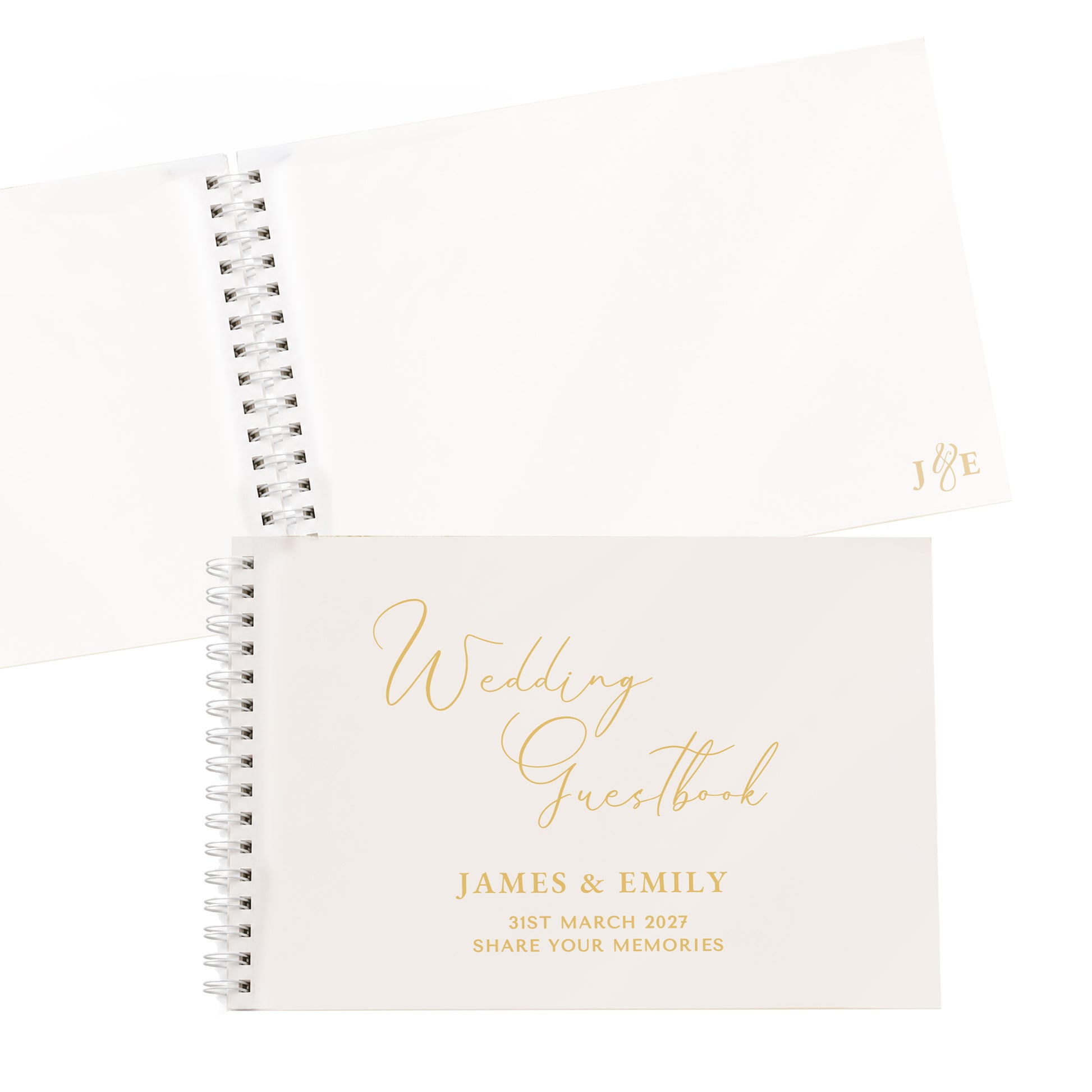 A white spiral-bound wedding guest book with elegant gold foil lettering, shown open to reveal blank white pages, on a clean white background.