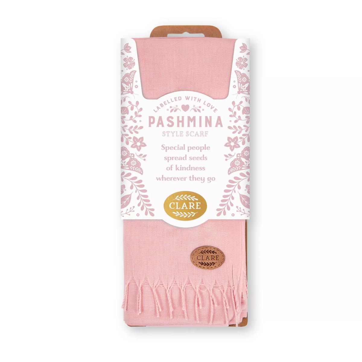 Labelled With Love pink fringed Pashmina personalised with the name Clare. In pretty pink and white floral packaging.