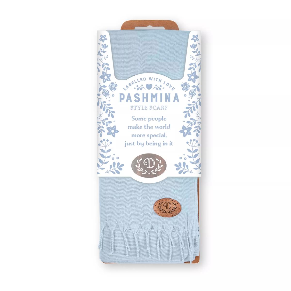 Labelled With Love blue fringed Pashmina personalised with the initial D. In pretty blue and white floral packaging.