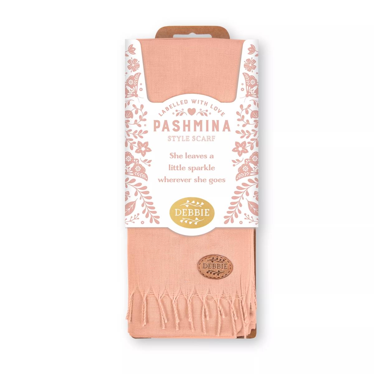 Labelled With Love peach fringed Pashmina personalised with the name Debbie. In pretty peach and white floral packaging.