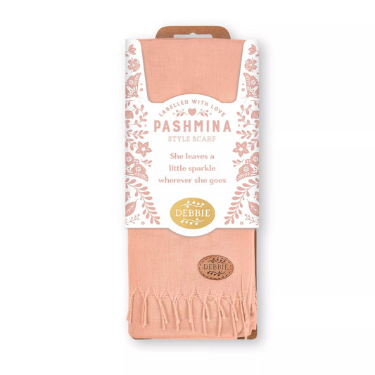 Labelled With Love peach fringed Pashmina personalised with the name Debbie. In pretty peach and white floral packaging.