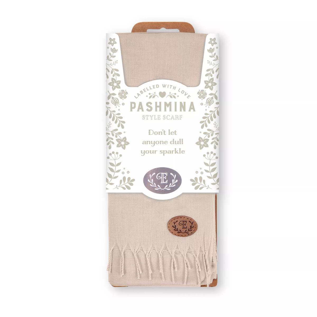 Labelled With Love stone coloured fringed Pashmina personalised with the initial E. In pretty floral packaging.