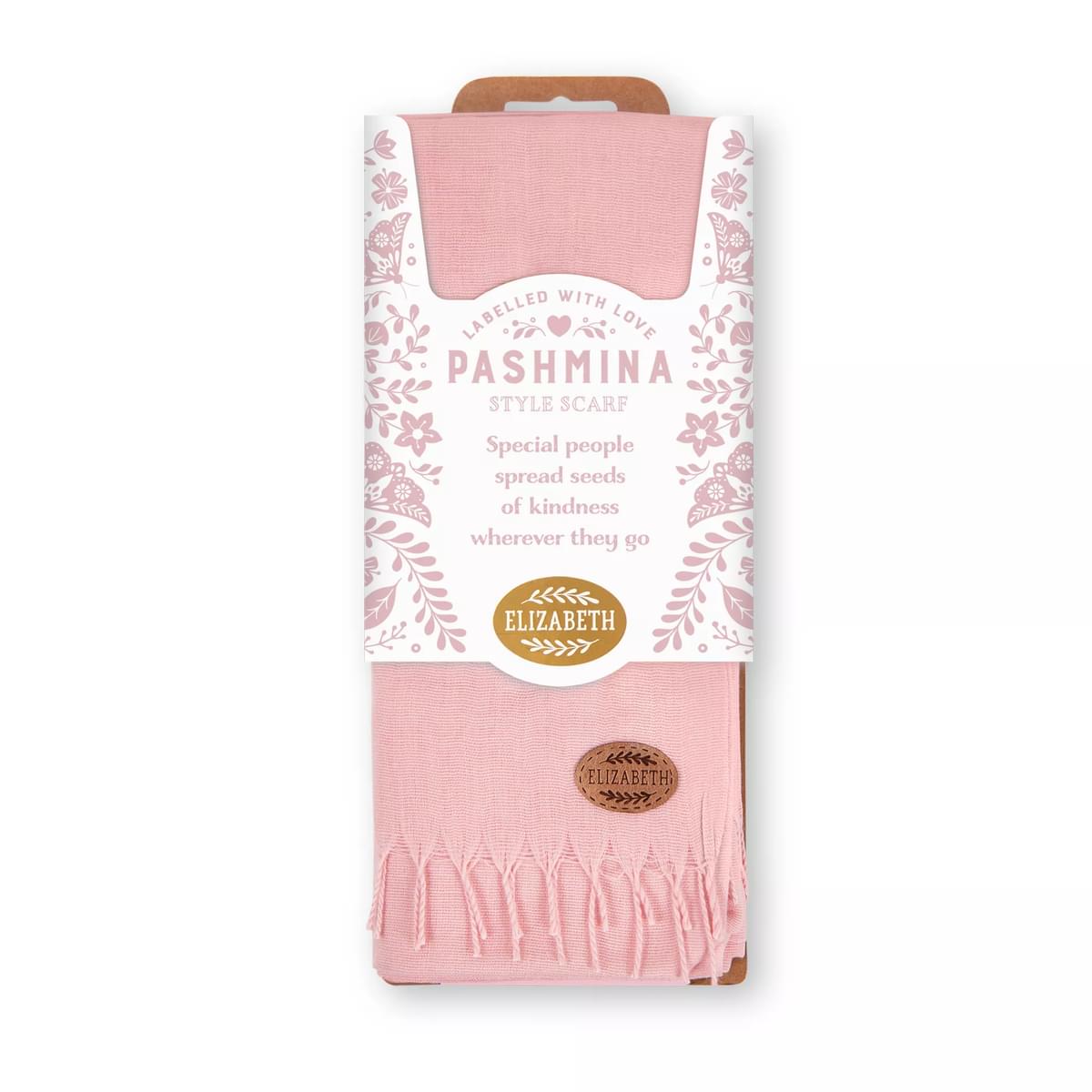 Labelled With Love pink fringed Pashmina personalised with the name Elizabeth. In pretty pink and white floral packaging.