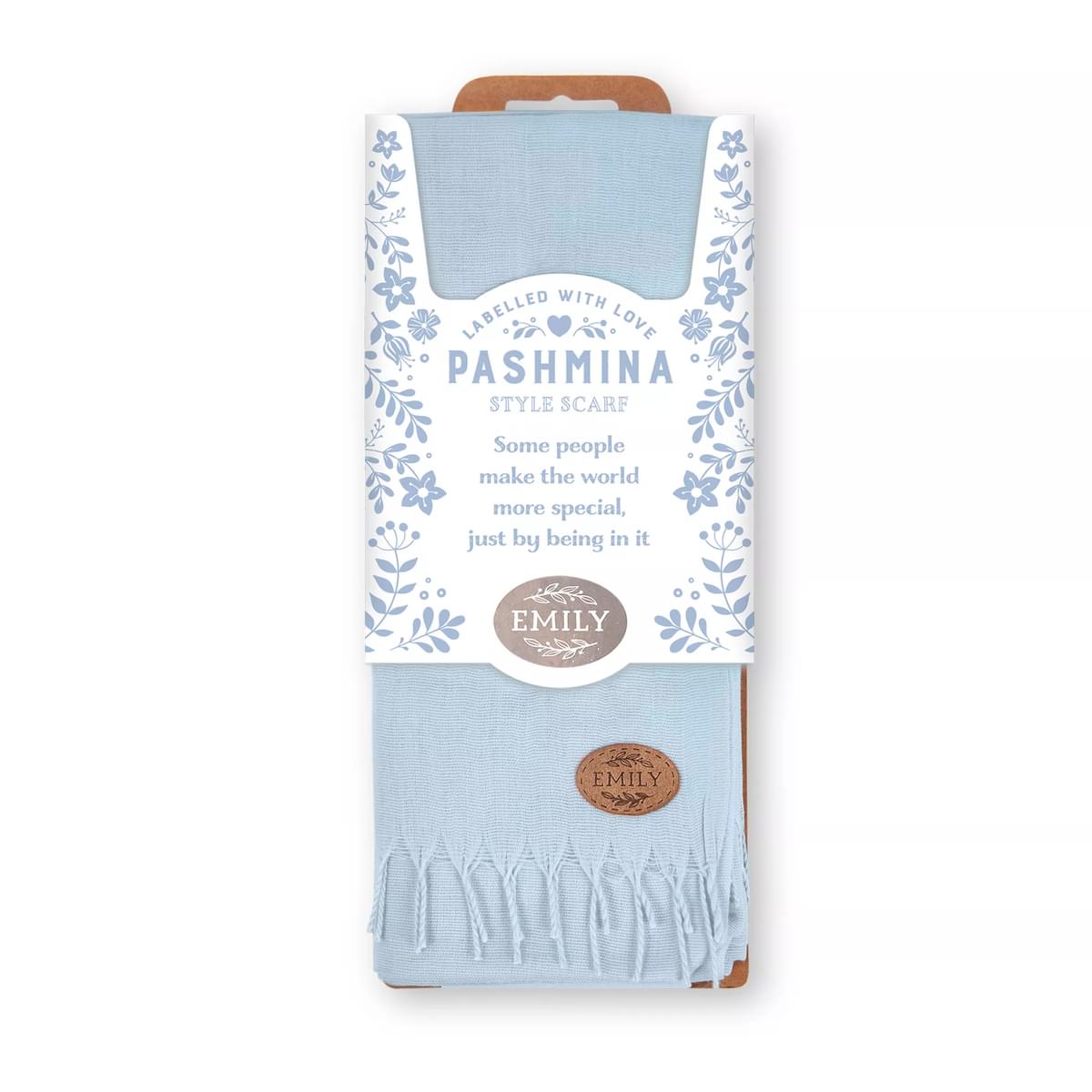 Labelled With Love blue fringed Pashmina personalised with the name Emily. In pretty blue and white floral packaging.