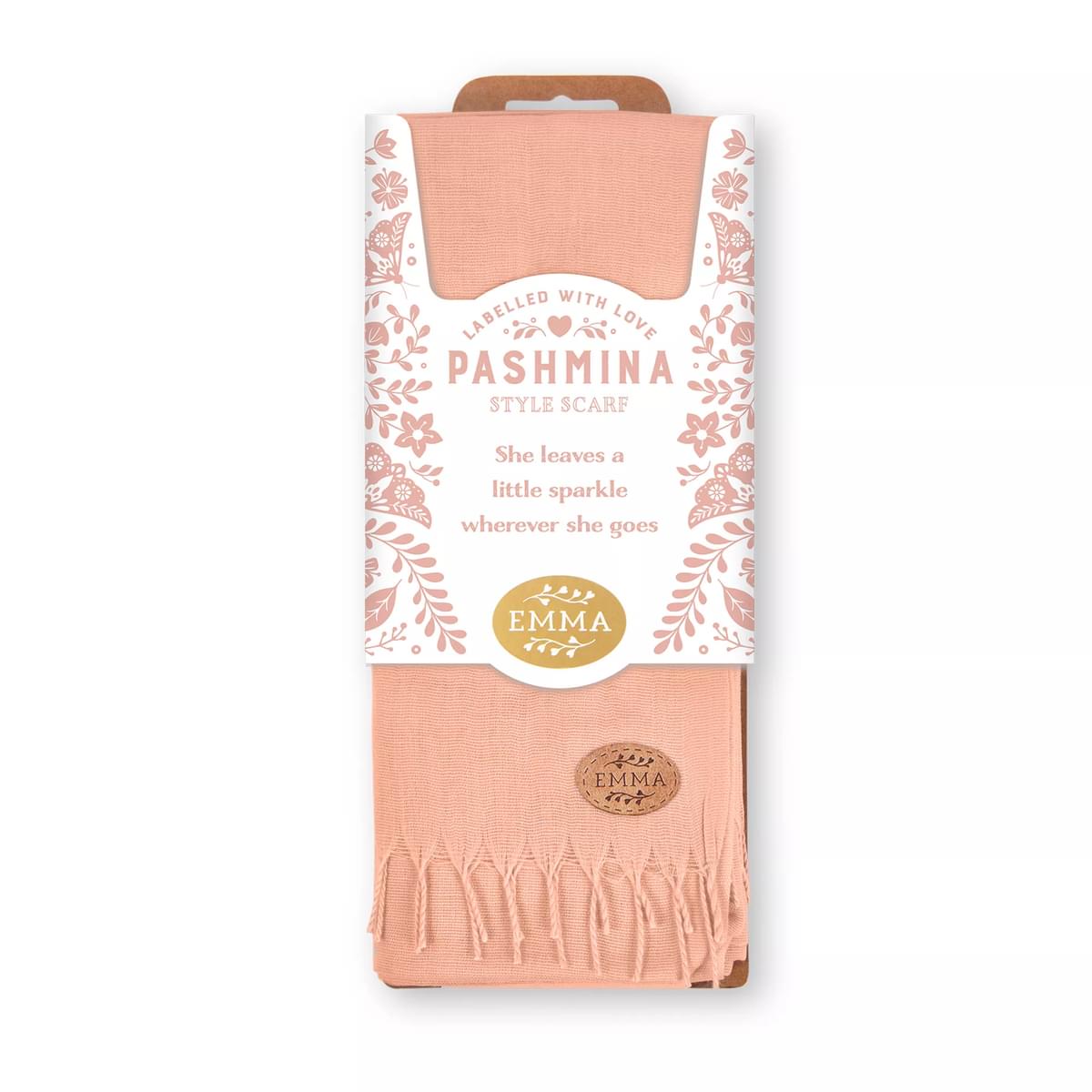 Labelled With Love peach fringed Pashmina personalised with the name Emma. In pretty peach and white floral packaging.