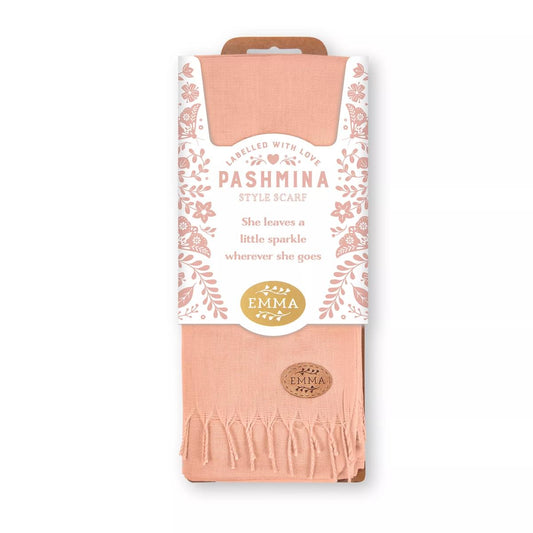 Labelled With Love peach fringed Pashmina personalised with the name Emma. In pretty peach and white floral packaging.